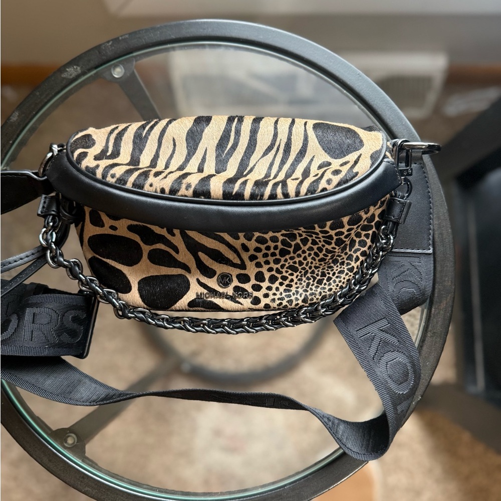 Michael Kors Black and Tan Animal Print Crossbody Bag